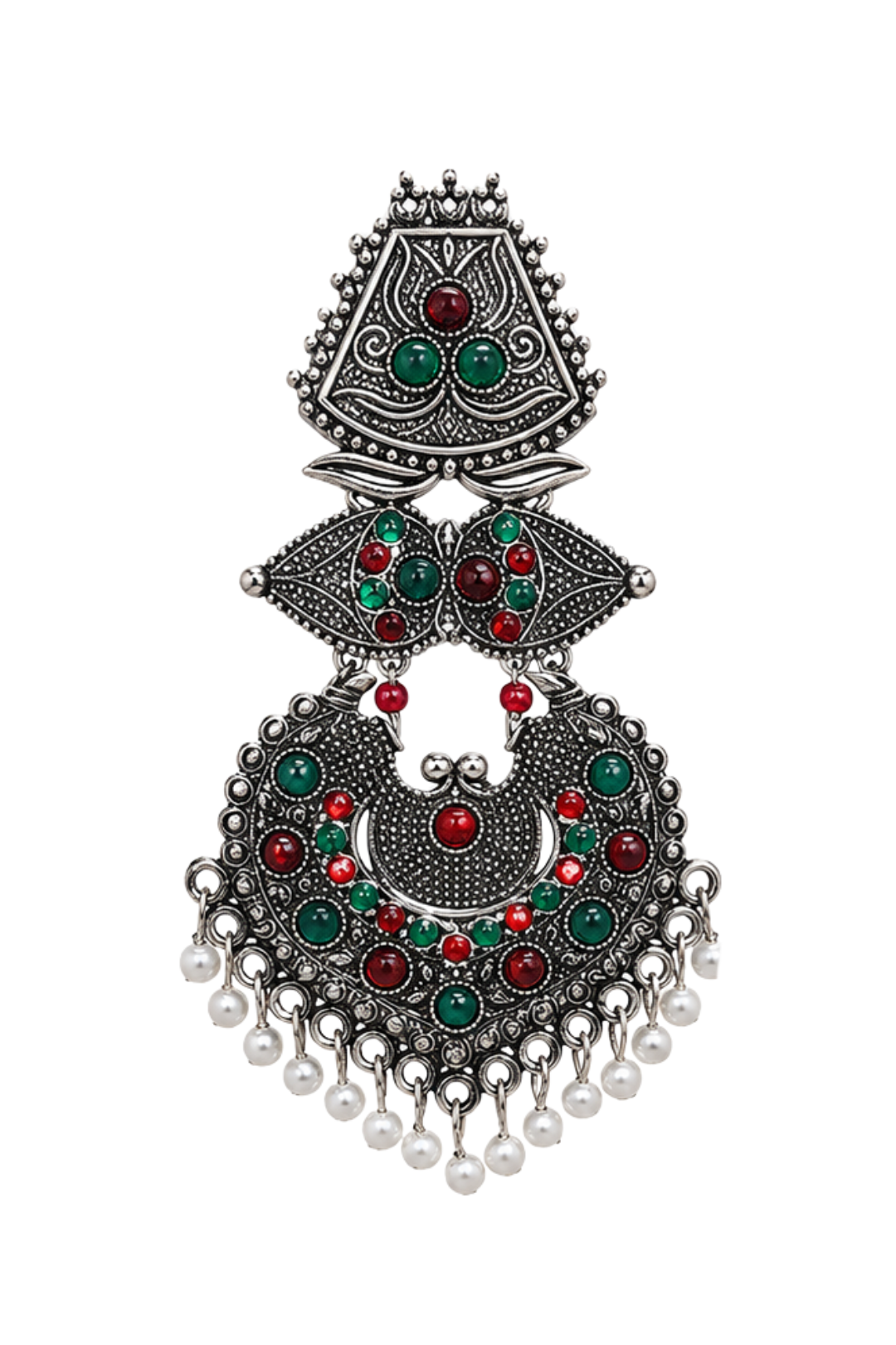 Silver Multicolor Stone Chandbali Earrings with Pearl Drops