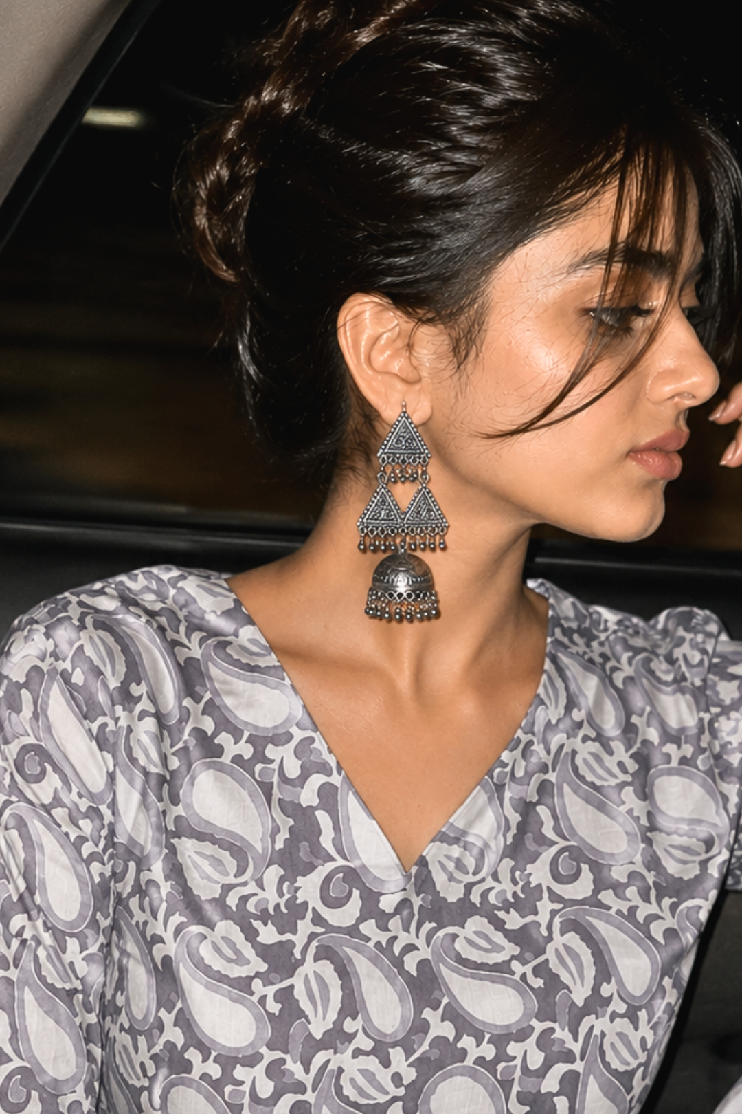 Triangle Inspired Silver Jhumkas
