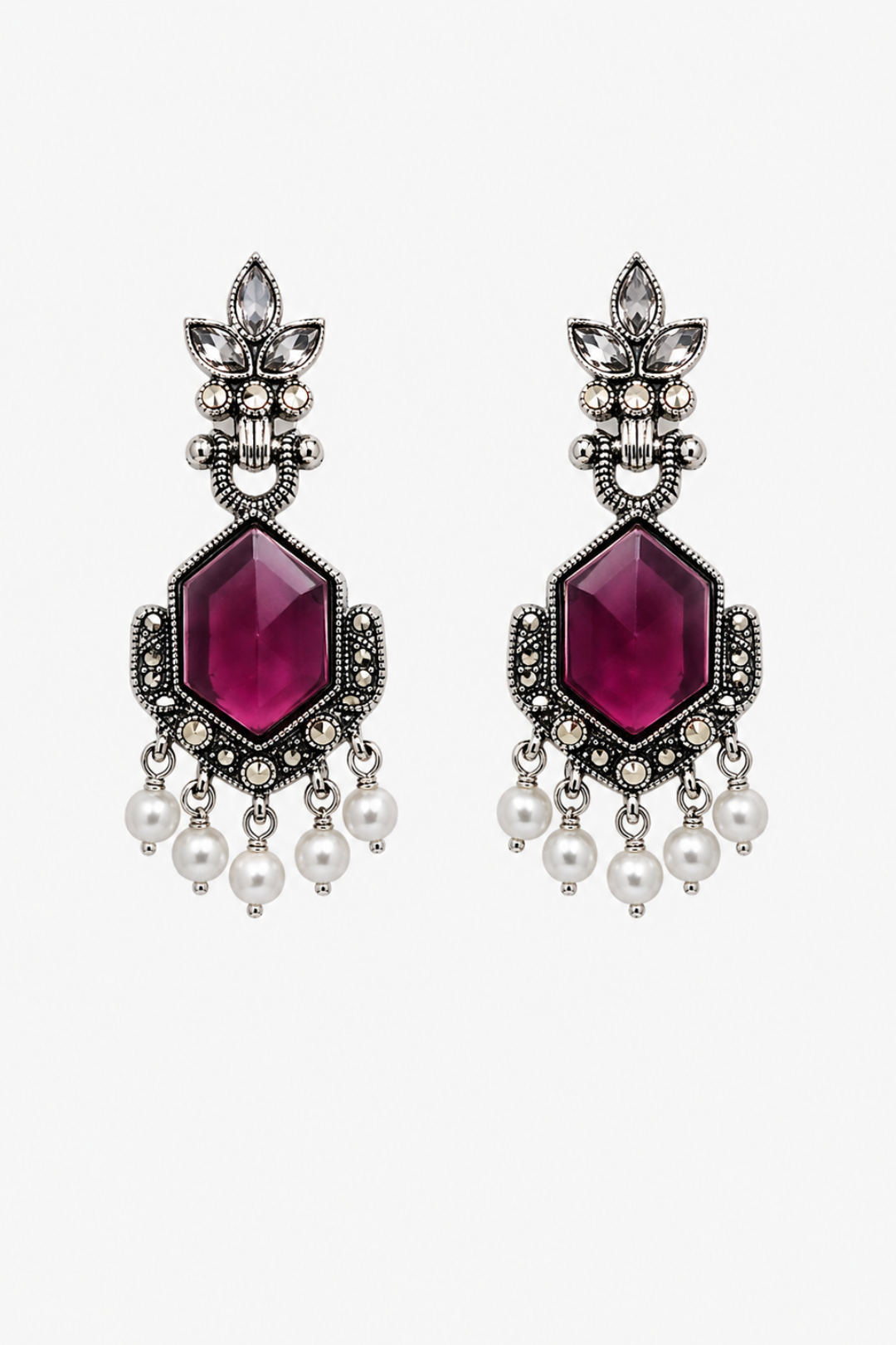 Magenta Stone Pearl Drop Statement Earrings