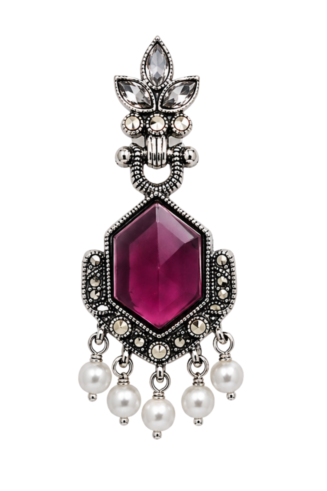 Magenta Stone Pearl Drop Statement Earrings 