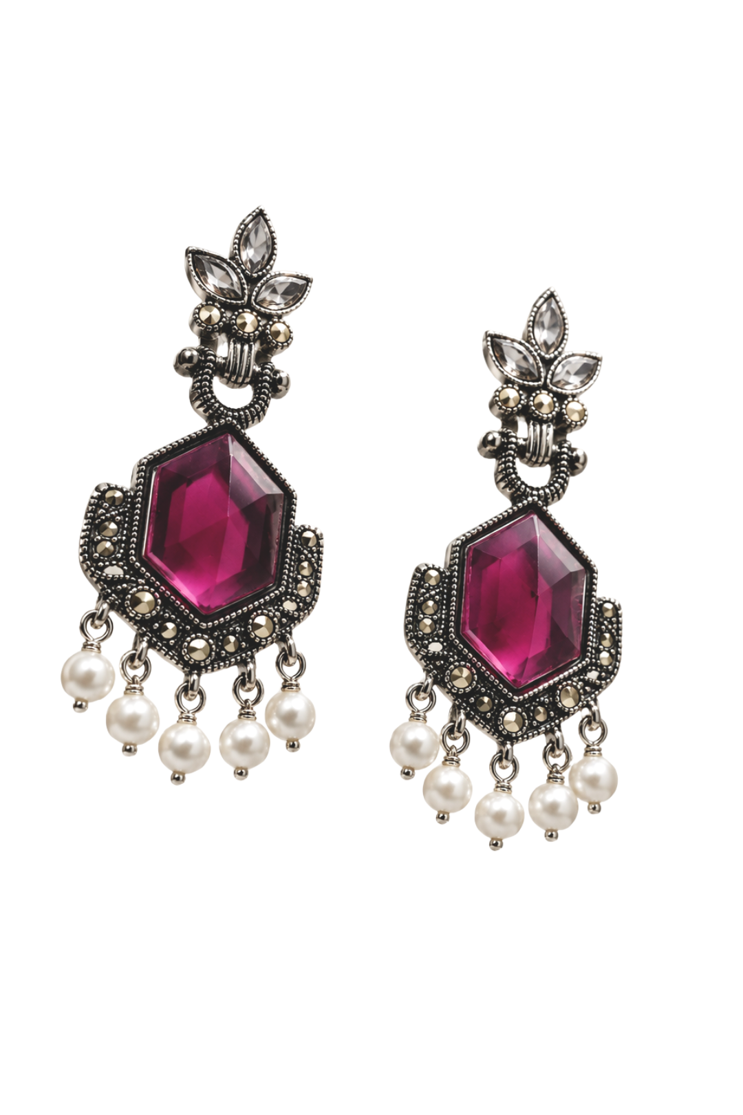 Magenta Stone Pearl Drop Statement Earrings