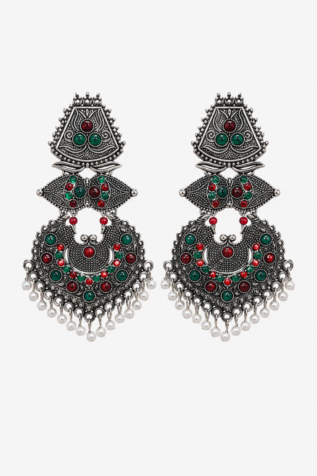 Silver Multicolor Stone Chandbali Earrings with Pearl Drops