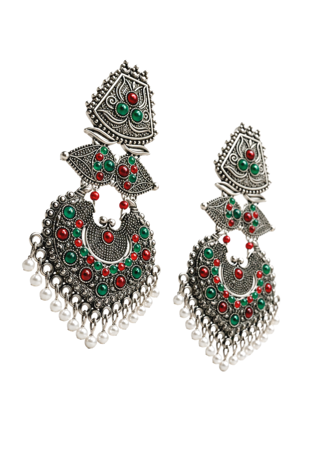 Silver Multicolor Stone Chandbali Earrings with Pearl Drops